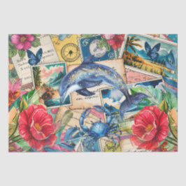 Papel De Seda Blue Dolphin Tropical Floral & Butterfly Decoupage