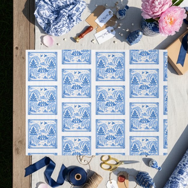Papel De Seda Blue faux porcelain Chinoiserie Willow Tile (Blue faux porcelain Chinoiserie Willow Tile Tissue Paper)