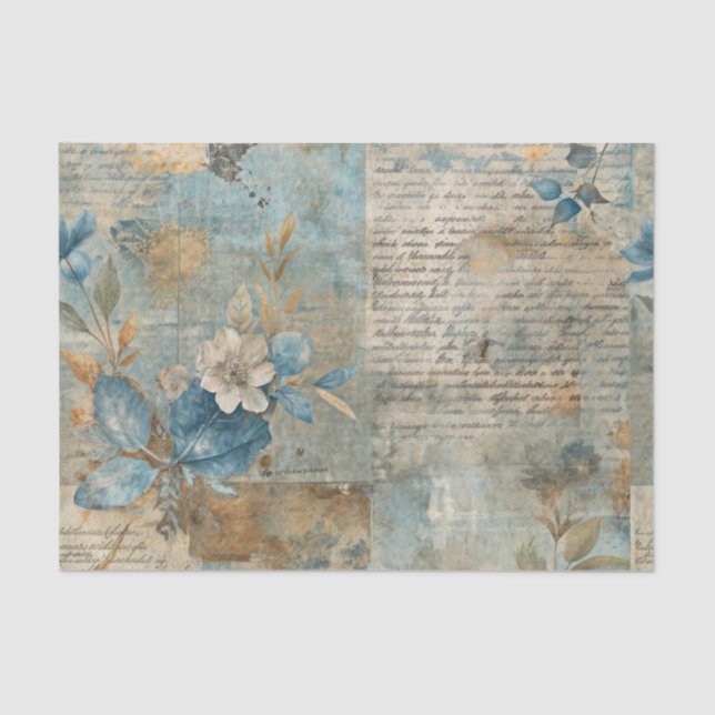 Papel De Seda Blue Floral Grungy Distressed Ephemera Collage (Anverso)