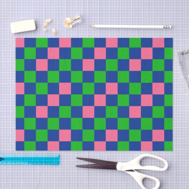 Papel De Seda Blue Green Pink Checkered Pattern Design  (Artesanía)