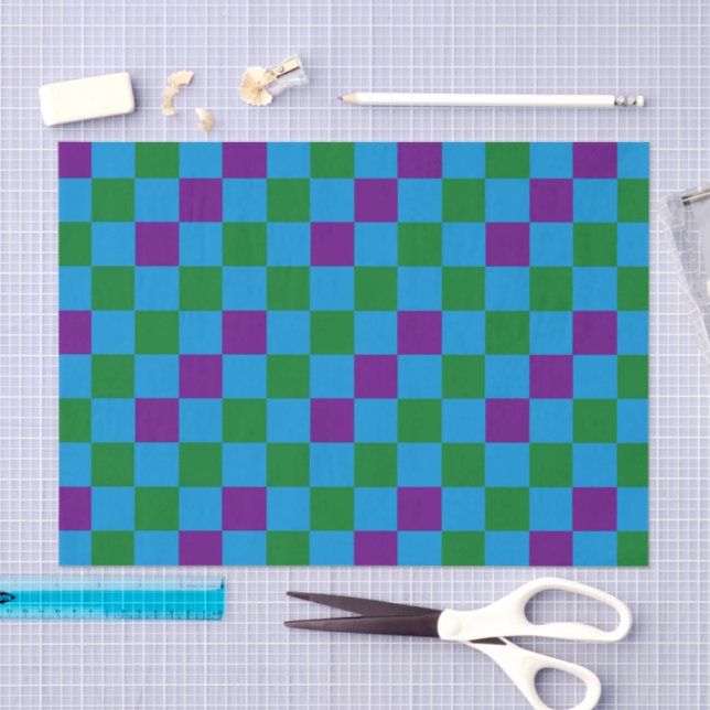 Papel De Seda Blue Green Purple Checkered Pattern Design  (Artesanía)