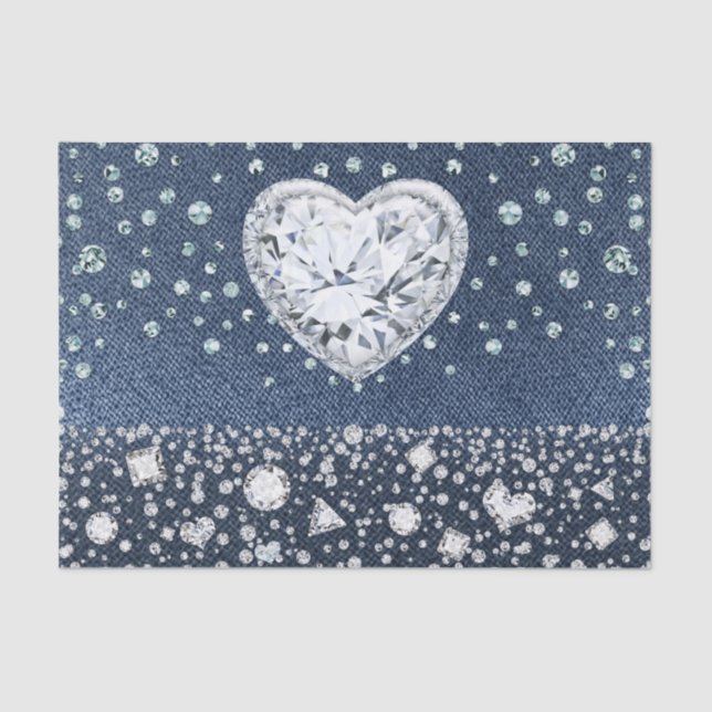 Papel De Seda Blue Jean Denim & Diamonds Bling Diamond Heart (Anverso)