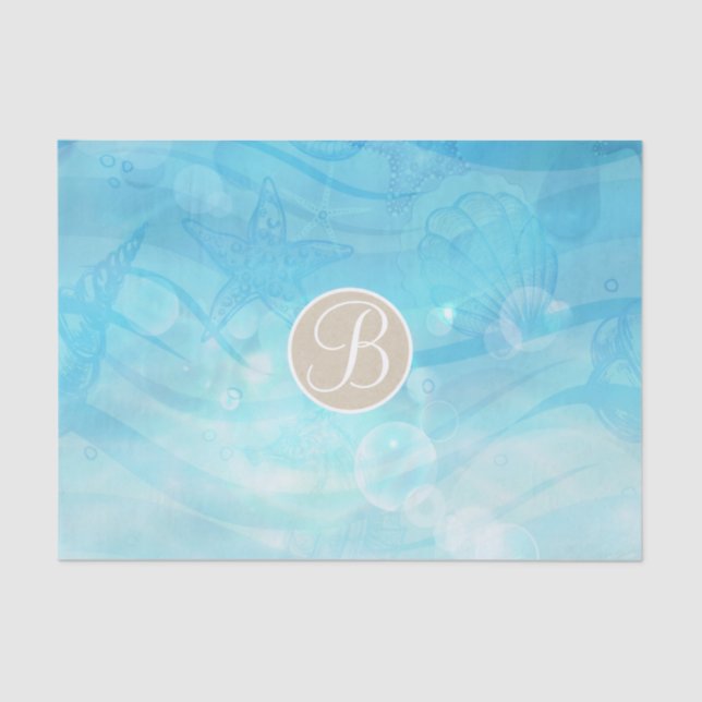 Papel De Seda Blue Ocean Sea Shells Beach Monograma Inicial (Anverso)