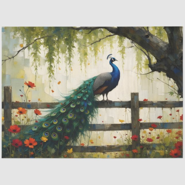 Papel De Seda Blue Peacock on Split rail fence (Anverso)