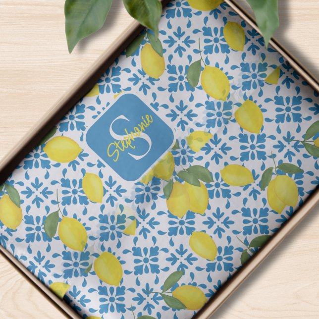 Papel De Seda Blue Tile French Country Lemon Pattern Monogram  (Subido por el creador)