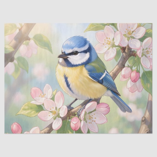 Papel De Seda  Blue Tit Bird on Apple Tree Spring Decoupage  (Anverso)