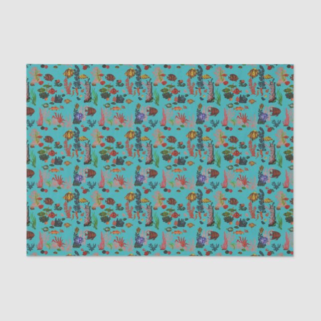 Papel De Seda Blue Tropical Ocean Sealife Paradise acuarela (Anverso)