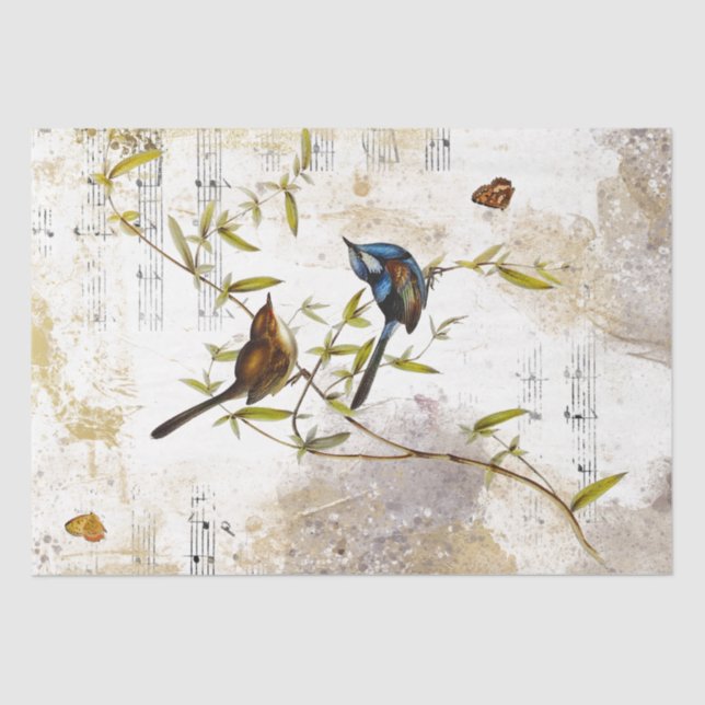 Papel De Seda Blue Warbler Bird Butterfly Music Gold Decoup (Anverso)