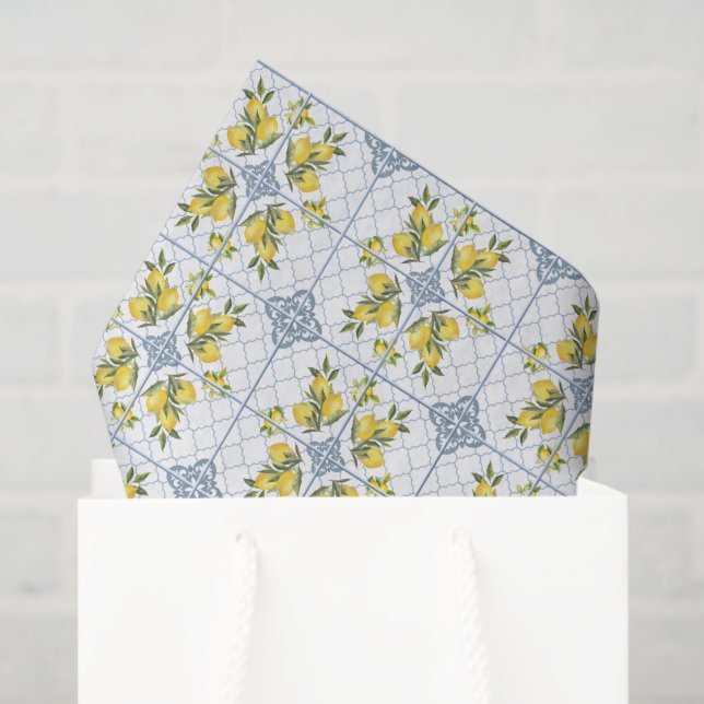 Papel De Seda Blue Watercolor French Country Lemon (Bolsa de regalo)