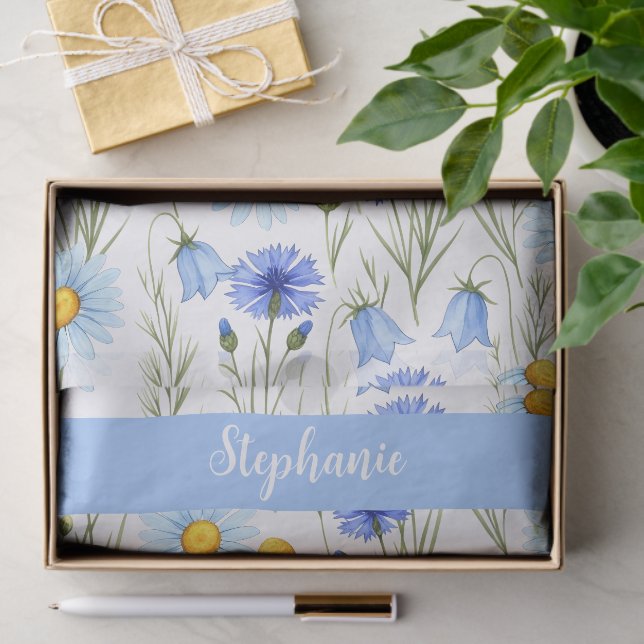 Papel De Seda Blue Watercolor Wildflower Monogram Name (Regalo )