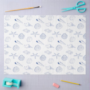Papel De Seda Blue White Hand Drawing Sea Shells Beach Summer