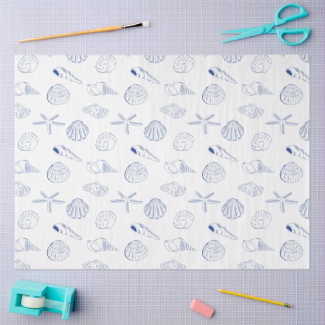 Papel De Seda Blue White Hand Drawing Sea Shells Beach Summer (Artesanía)