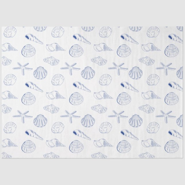 Papel De Seda Blue White Hand Drawing Sea Shells Beach Summer (Anverso)
