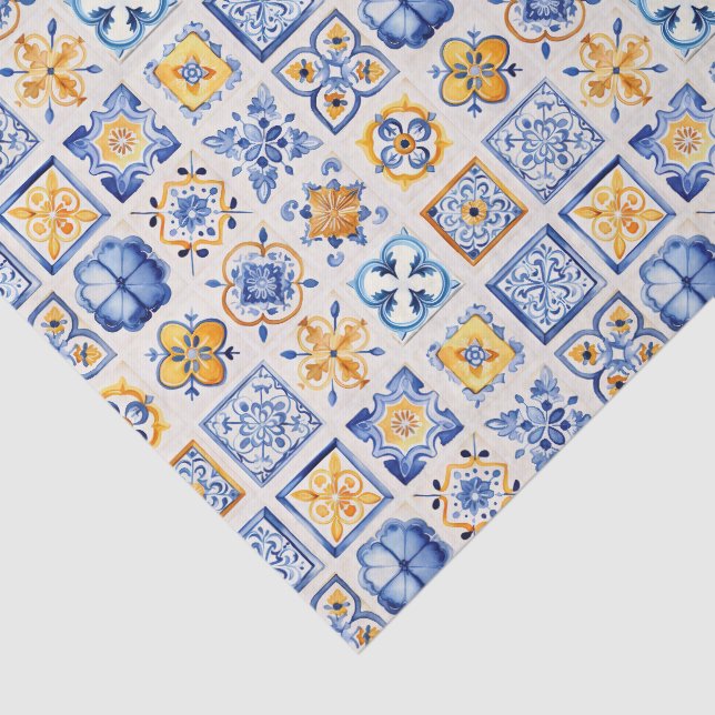 Papel De Seda Blue White Yellow Tiles Pattern Summer Aesthetic  (Detalle)