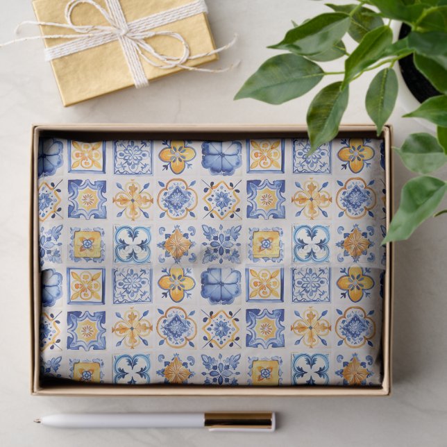 Papel De Seda Blue White Yellow Tiles Pattern Summer Aesthetic  (Regalo )