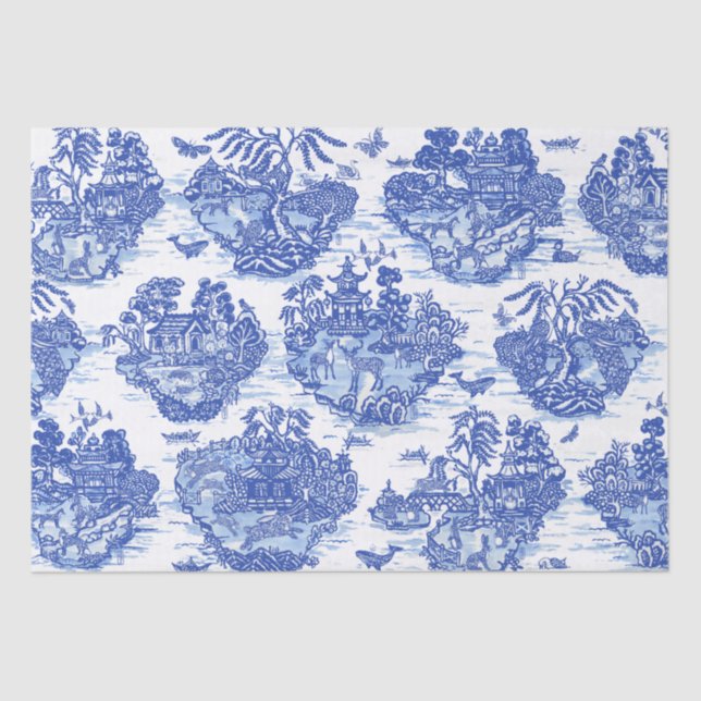 Papel De Seda Blue Willow Animal Rabbit Deer Fox Bird Toile Art (Anverso)