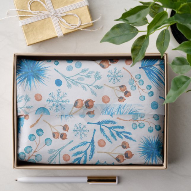 Papel De Seda Blue Winter Botanical Pattern in Watercolor (Regalo )