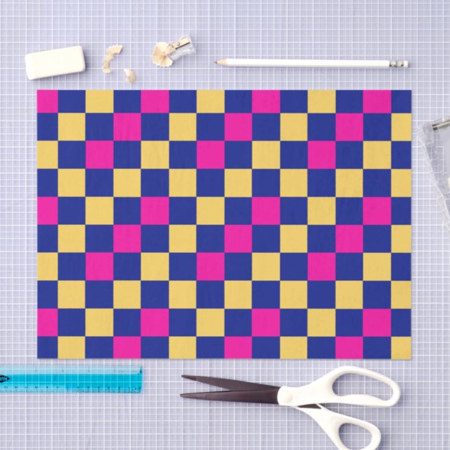 Papel De Seda Blue Yellow Pink Checkered Pattern Design  (Artesanía)