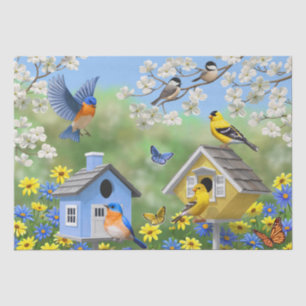 Papel De Seda Bluebirds Goldfinches Birdhouses Flower Garden