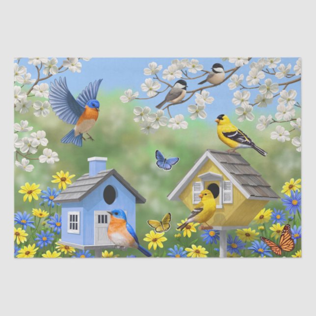 Papel De Seda Bluebirds Goldfinches Birdhouses Flower Garden (Anverso)