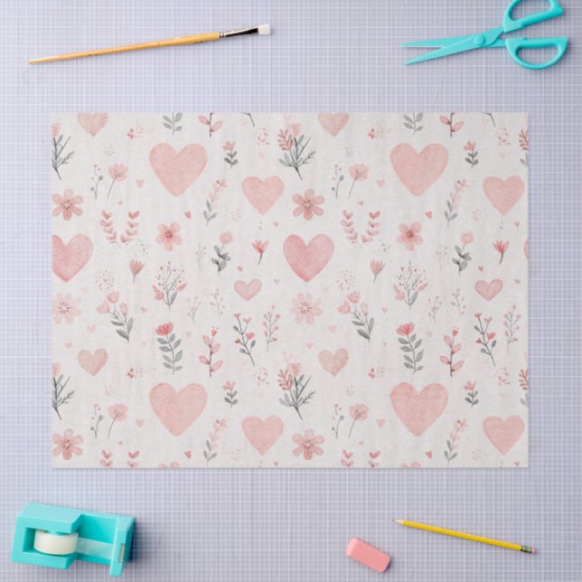 Papel De Seda Blush Floral Heart Pattern Tissue Paper (Artesanía)