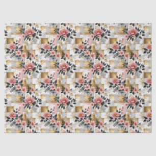 Papel De Seda Bocetos de flores rosadas en plazas doradas y blan