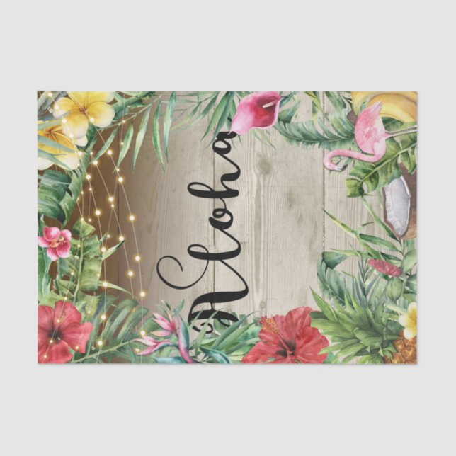 Papel De Seda Boda Aloha Tropical Wood Floral Leaves y Luces (Anverso)