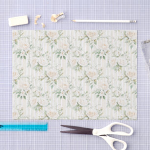 Papel De Seda Boda de rayas florales de rosas blancas con rubor 