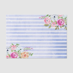 Papel De Seda Boda de Rosa Acuarela Floral Moderna con Raya Azul