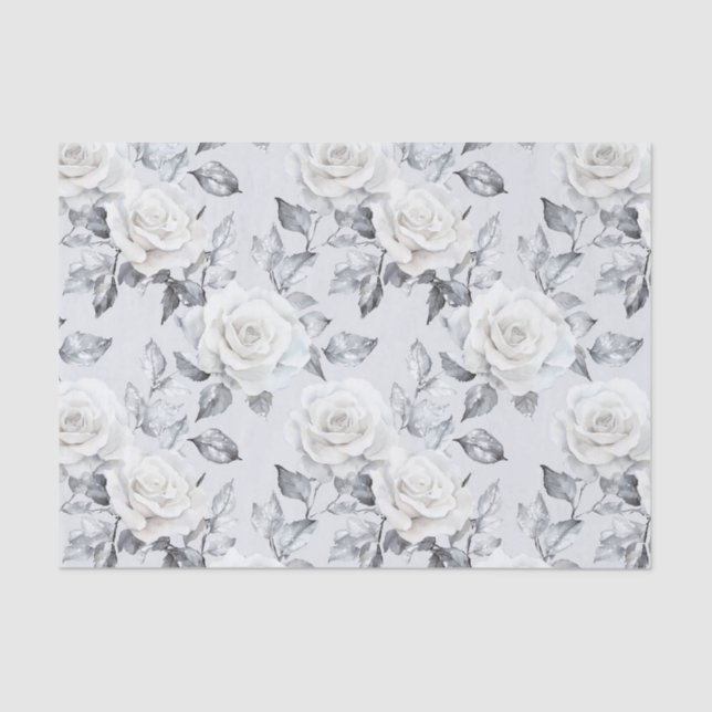 Papel De Seda Boda floral blanca gris elegante (Anverso)