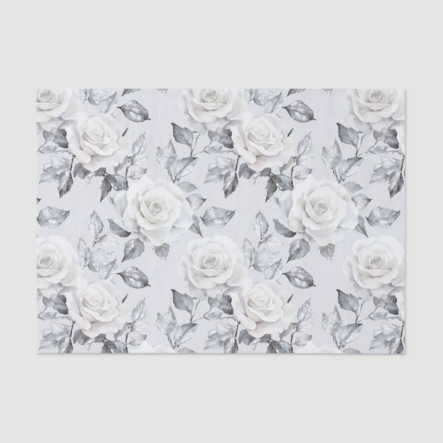 Papel De Seda Boda floral blanca gris elegante plateado (Anverso)