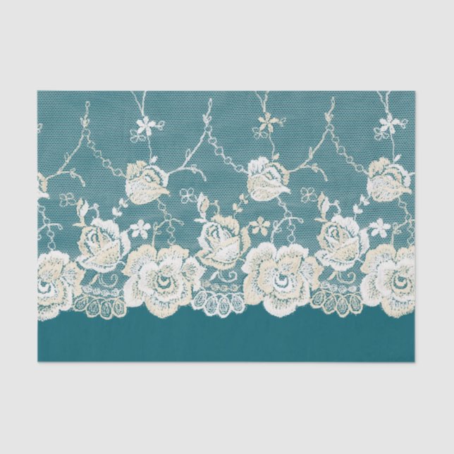 Papel De Seda Boda floral de encaje blanco azul verde romántico  (Anverso)