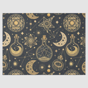 Papel De Seda Boho Celestial con Símbolos de Alquimia Dorados