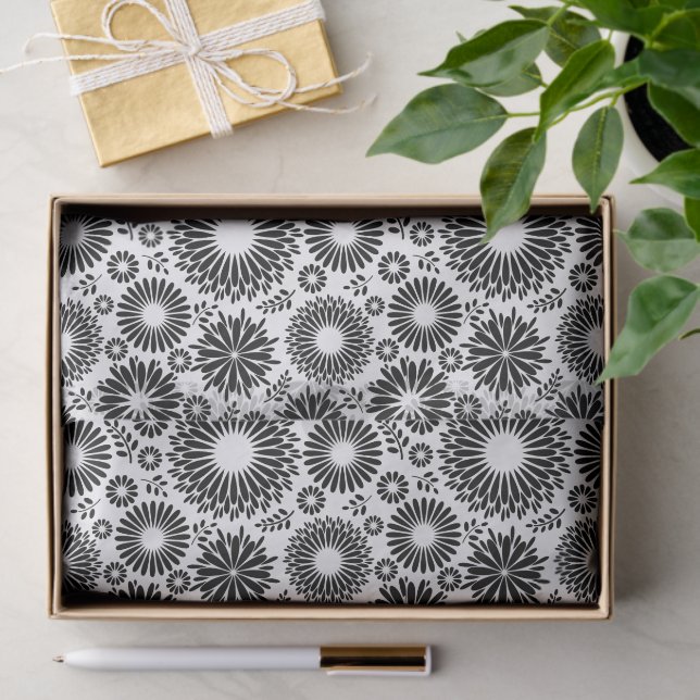 Papel De Seda Boho Chic Black White Folk Flowers and Starburst  (Regalo )