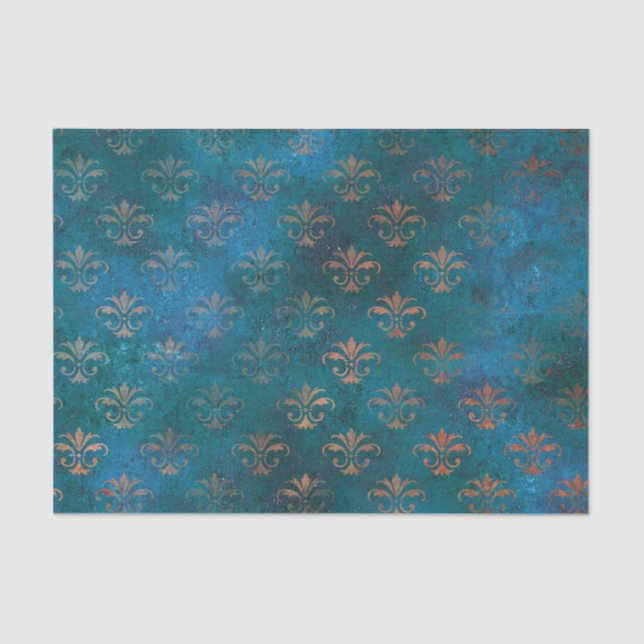 Papel De Seda Boho Copper Blue Grunge Heraldic Floral (Anverso)