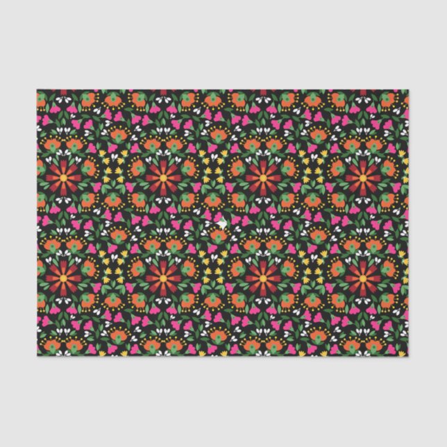 Papel De Seda Boho Naranja floral verde rosado negro (Anverso)