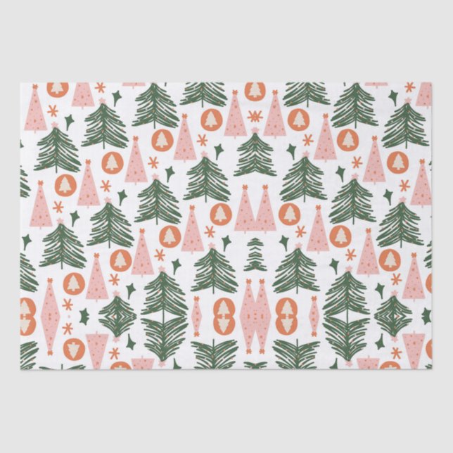 Papel De Seda Boho Naranja Rosa Verde Árboles de Navidad Rústico (Anverso)
