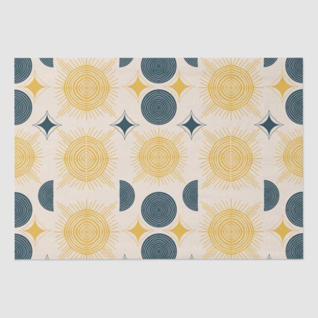 Papel De Seda Boho Sun Moon Stars Blue Yellow (Anverso)