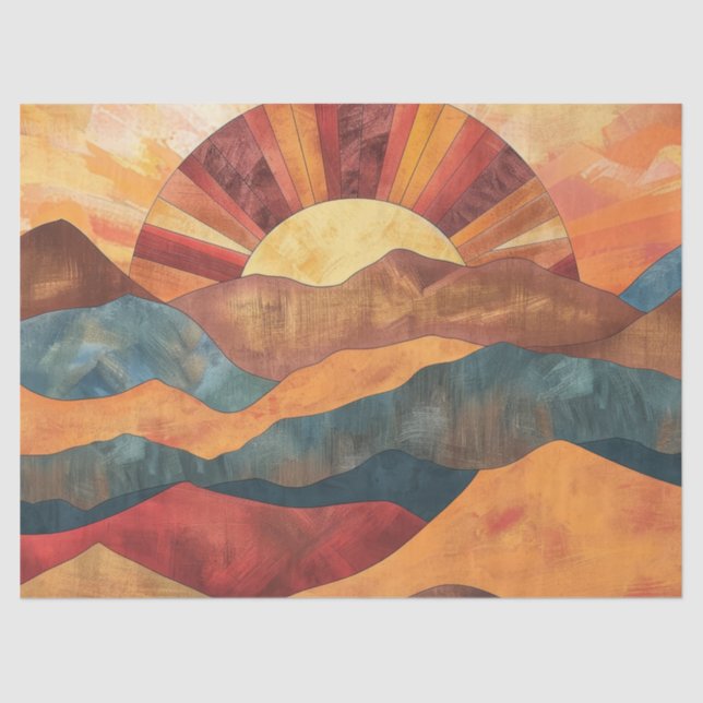 Papel De Seda Boho Sunset Over Mountains - Paisaje Retro Earthy (Anverso)
