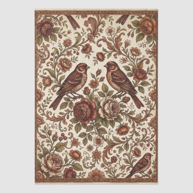 Papel De Seda Boho Vintage Pájaros y Florales (Anverso)