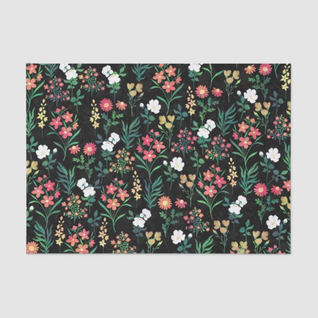 Papel De Seda Bonito acuarela Floral Negro Botánico (Anverso)