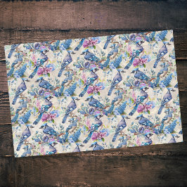 Papel De Seda Bonito Blue Jays and Flowers en Vintage Ecru