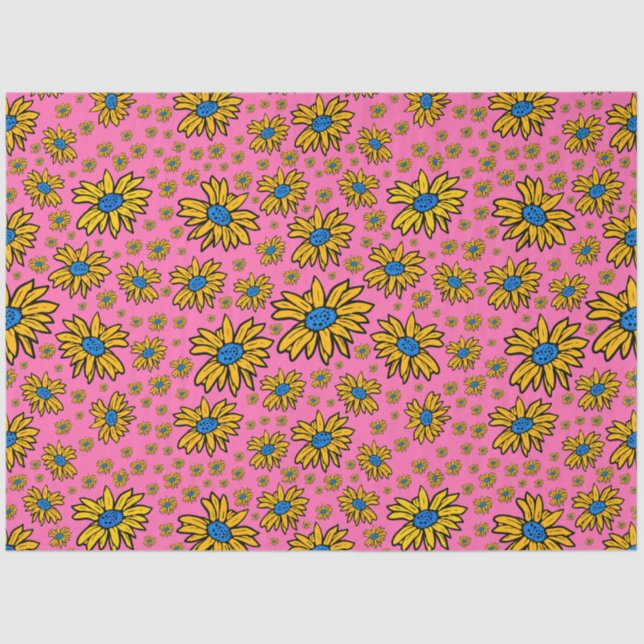 Papel De Seda Bonito Daisies amarillo rosa azul (Anverso)