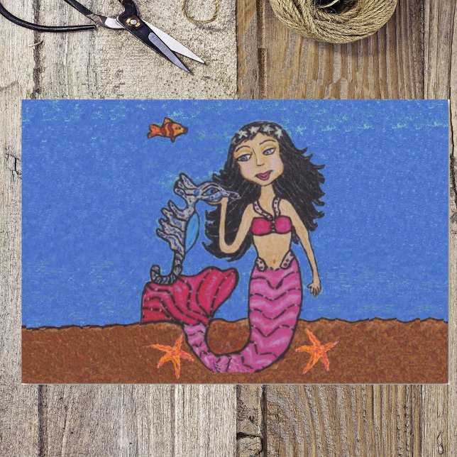 Papel De Seda Bonito Dark Haired Mermaid Seahorse Fish (Mermaid pink tail with seahorse and starfish under ocean on wrapping tissue paper.)