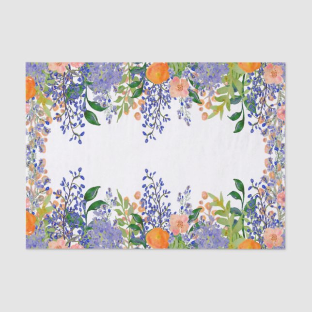 Papel De Seda Bonito Naranja Floral Azul acuarela (Anverso)
