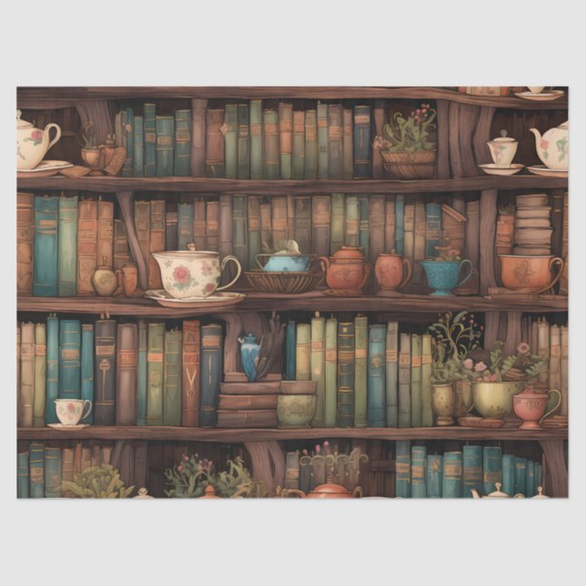 Papel De Seda Books, Teapots and Plants on Shelves (Anverso)