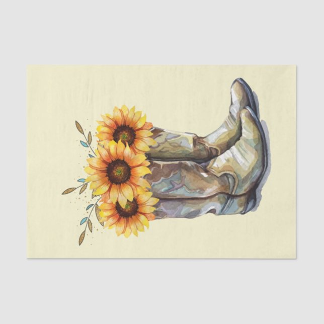 Papel De Seda Boots rústicos de vaquero con girasoles (Anverso)
