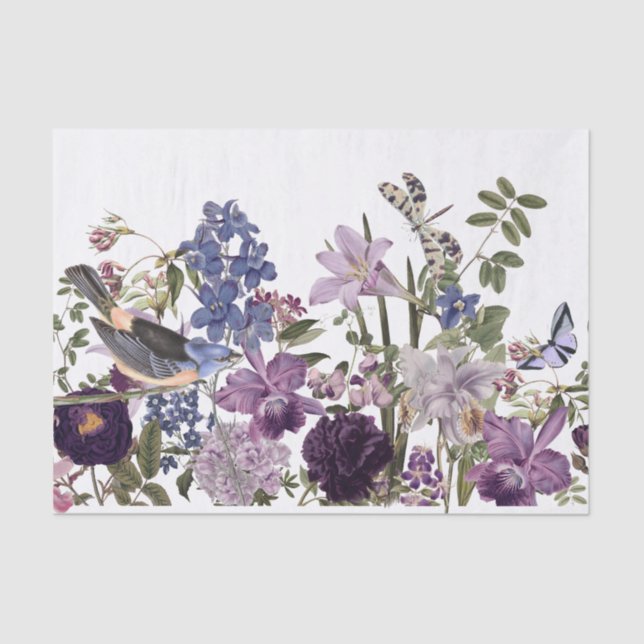 Papel De Seda Borde floral con pájaro, descomposición de maripos (Anverso)