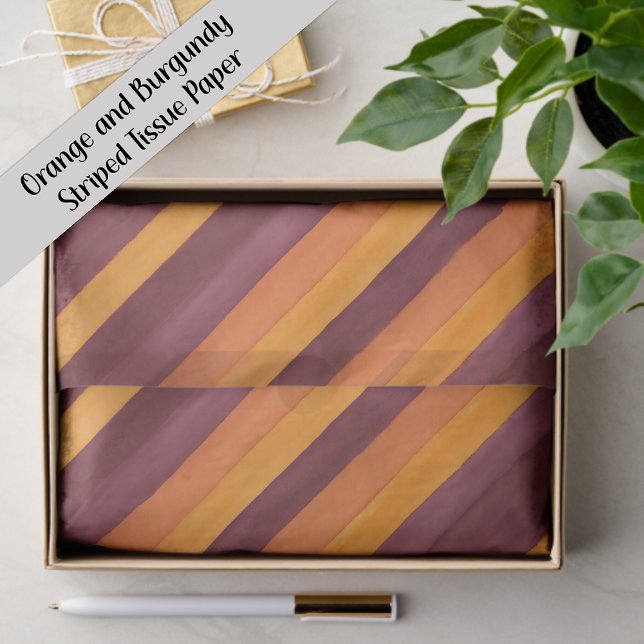 Papel De Seda Borgona Naranja Rayas Diagonales (Orange and burgundy striped gift tissue paper)
