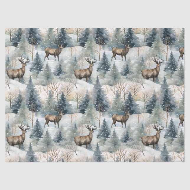 Papel De Seda Bosque de ciervos acuarela de invierno (1) (Anverso)